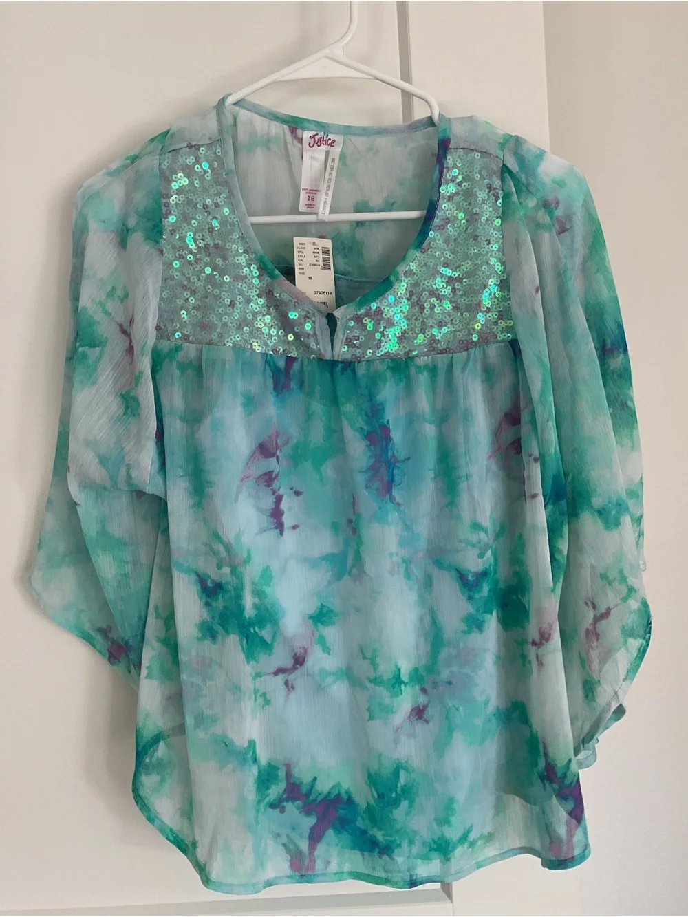 Justice Teal Aqua Sequin Chiffon Blouse